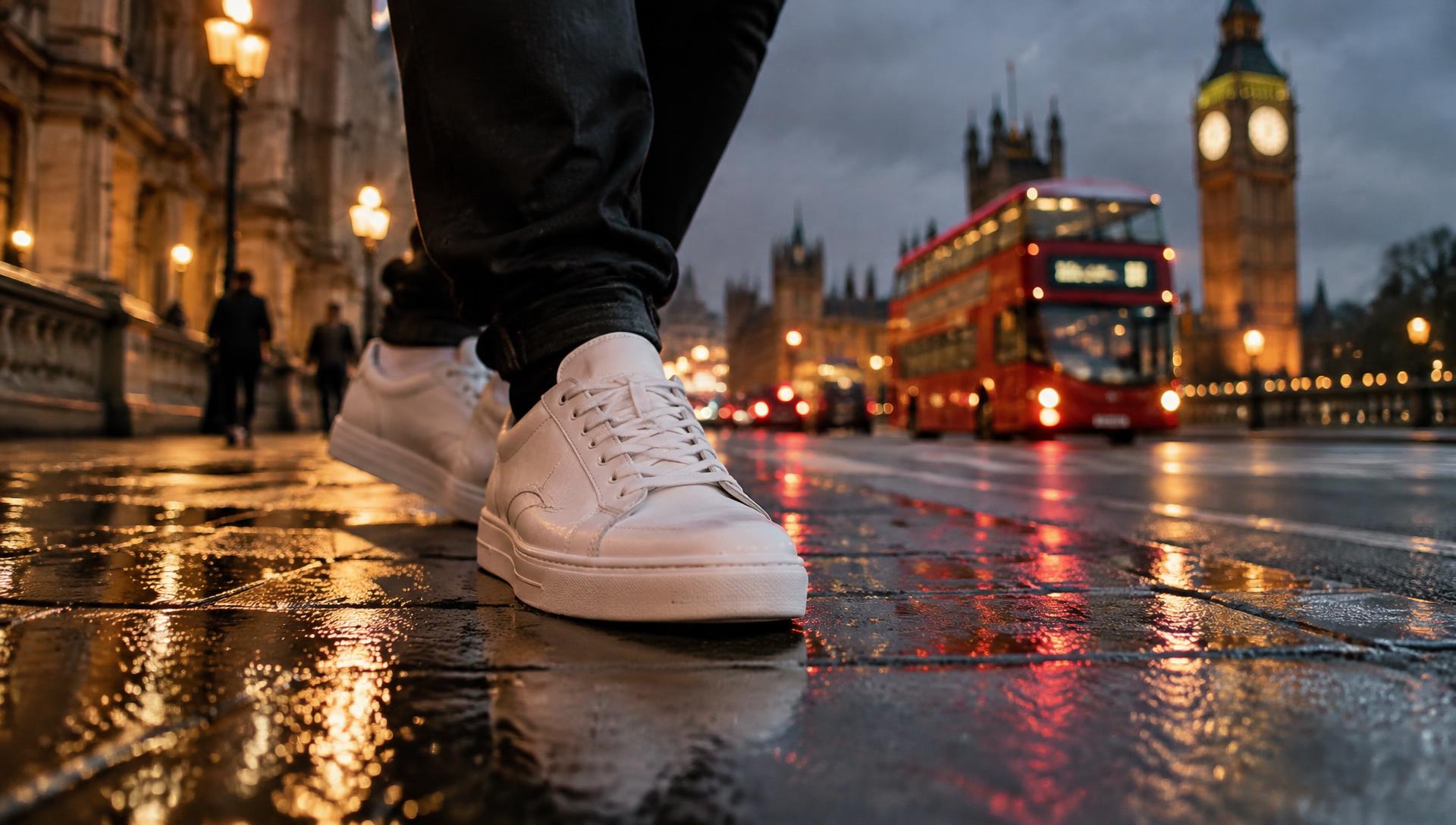White trainers on a rainy London street